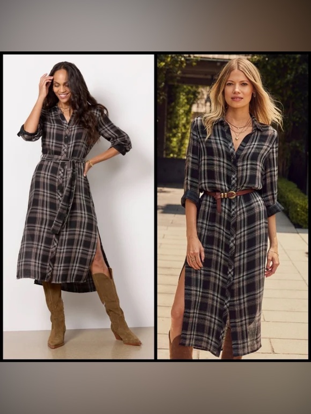 cloth & stone Black Plaid Shirt Maxi Dress Medium